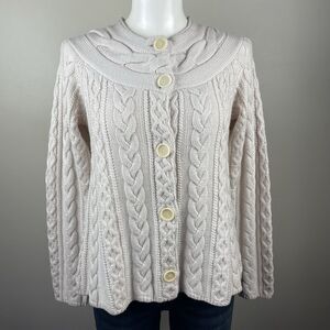 Magaschoni Ivory XS Wool Button Front Cardigan Chunky Sweater Preppy Cozy